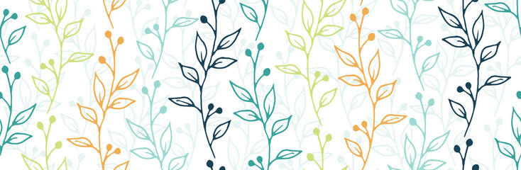 Berry bush branches botanical vector seamless ornament. Elegant herbal fabric print. Herb plants foliage and bloom wallpaper. Berry bush twigs linear endless pattern