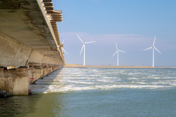 The Delta Works is a construction projects in the southwest of the Netherlands to protect a large area of land around the Rhine, Meuse, Scheldt delta from the sea, Neeltje Jans, Oosterschelde, Zeeland