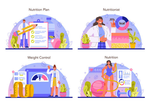 Nutritionist Concept Set. Nutrition Therapy With Healthy Food