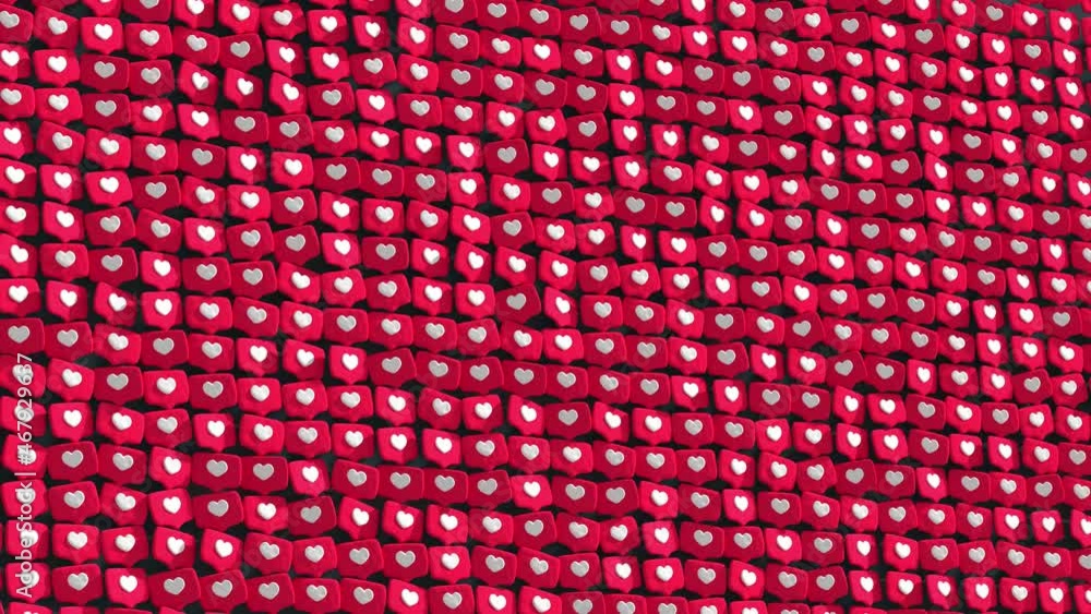Poster bunch of social network like icons appears. clay heart shapes. 3d render animation