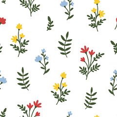 Floral Seamless Pattern. Small multicolor Meadow Flower. Tiny Wildflower with leaves. Ditsy style motif, template, texture. Vector background for fashion, nursery print, textile, wrapping, gift paper