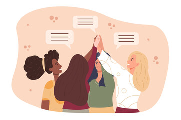 Womens friendship concept. Girls give each other fives. Team gestures, good attitude. Unity, equal, feminism. Strong characters, sisterhood, dialogue communication. Flat cartoon vector illustration