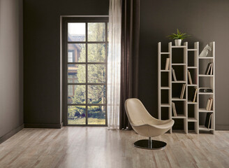 Grey wall background, window, white bookshelf with vase of plant, chair, lamp decor.