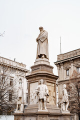 Sculpture of Leonardo da Vinci in front of the National Museum of Science and Technology in Milan....