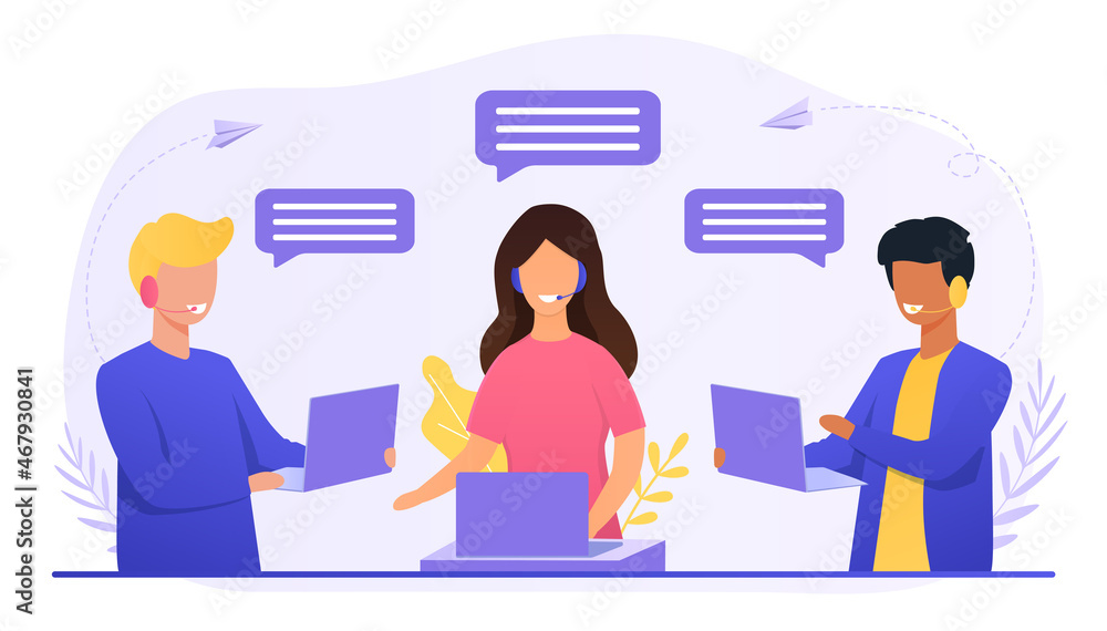 Poster concept of call center. characters answer customer questions. technical customer support. man and wo