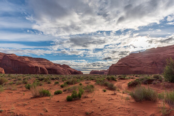 Tranquil southwest scene with large stone formations in Monument Valley