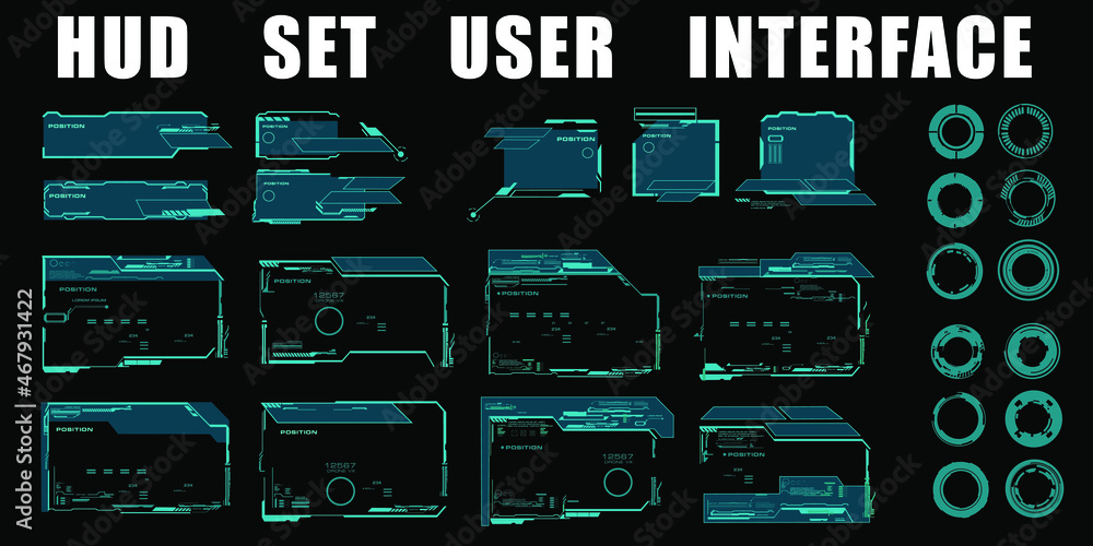 Poster Frames set. Frames, dialog boxes, circles and targets. HUD user interface elements. Modern futuristic digital frames for games. Set of Cyberframes for HUD
