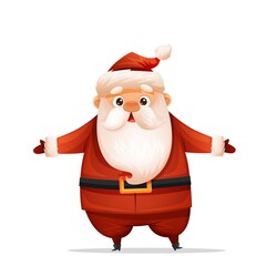 Cute santa is standing with his hands apart. Christmas illustration on isolated white background