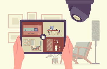 CCTV, tablet app for video surveillance. Closed circuit television equipment security and home protection. Hand holding computer with four rooms on screen. Vector flat style cartoon illustration