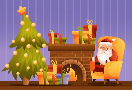 Post with santa claus at home. Christmas tree, gifts, fireplace, lights. Christmas background