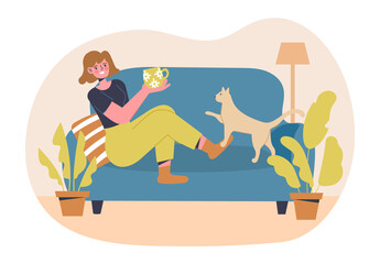 Obraz premium Homeliness atmosphere concept. Man and cat playing on couch. Comfortable rest in apartment, cozy home. Rest after work, vacation. Time for yourself, evening. Cartoon flat vector illustration