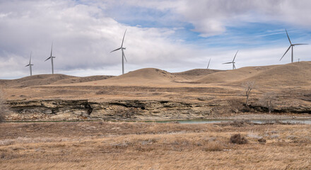 Power generating windmills above the Oldman River valley near Pincer Creek, Alberta, Canada