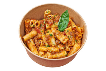 Delivery bucket box with penne and bolognaise.
