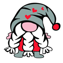Cute gnome in hat with heart. Cartoon valentines day decoration. Vector illustration in doodle style