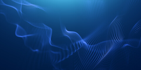 Blue particles wave background. Abstract dynamic mesh. Big data technology.