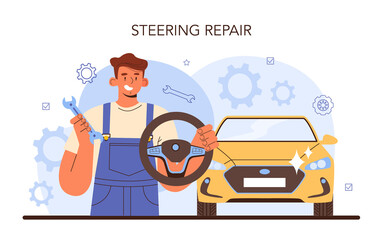 Car repair service. Automobile components got fixed in car workshop