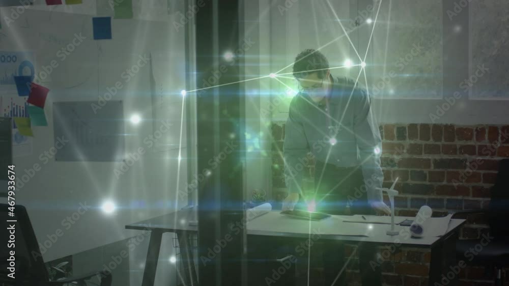 Poster Animation of network of connections and processing data over businessman using tablet in office