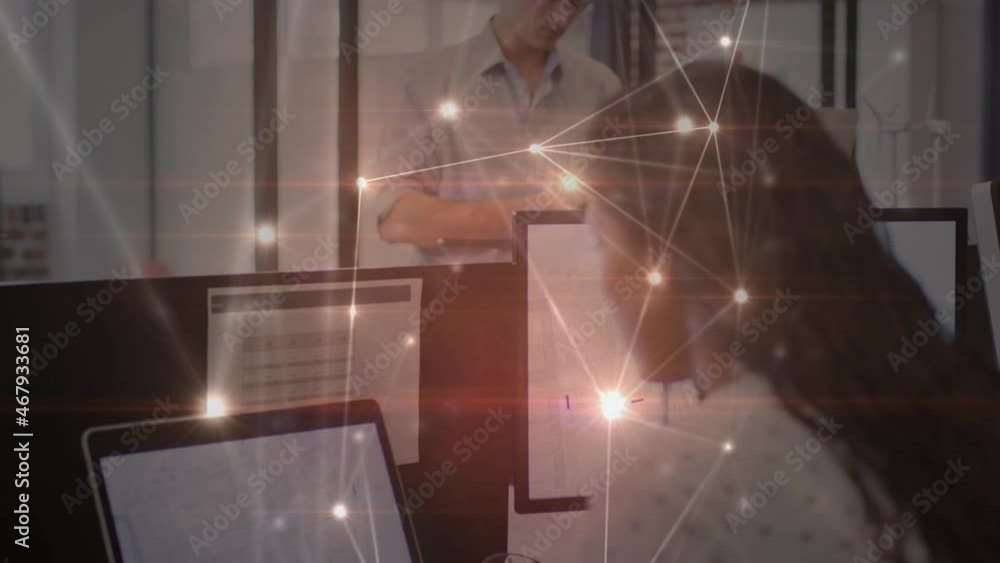 Aufkleber animation of glowing communication network over woman using computers in office