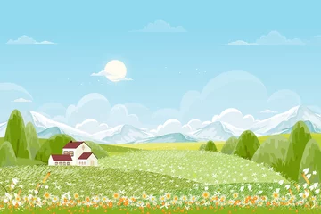 Deurstickers Spring green fields landscape with mountain, blue sky and clouds background,Panorama peaceful rural nature in springtime with green grass land. Cartoon vector illustration for spring and summer banner © Anchalee