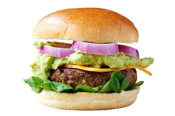 Front view of burger with Beef and guacamol.