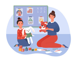 Mother playing with daughter. Girl entertains her baby with toys. Parents and children, metaphor for happy family. Evening, rest, entertainment, joint pastime. Cartoon flat vector illustration