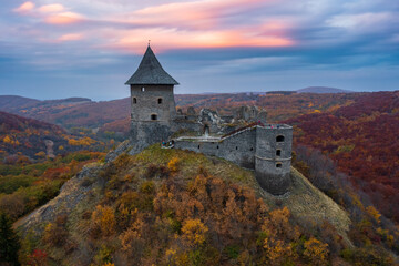 Splendid aerial view of the famous Castle of Somosko. Slovakian name is Šomoška hrad, Hungarian name is Somoskői vár.