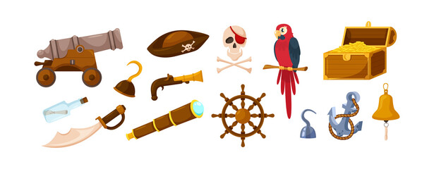 Adventure pirate equipment set. Treasure chest, gunshot, hook, note bottle, anchor, saber, skull