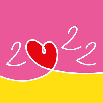Carte de vœux 2022 sur le concept des rencontres et des relations amoureuses, symbolisé par un dessin au trait d’un coeur rouge sur fond coloré.