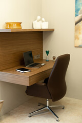 Modern home office interior in a minimalist style. Soft selective focus, art noise