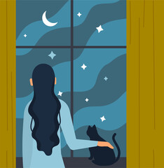Woman look in window. Owner rests with cat at night. Insomnia, character looking at stars. Romantic night, beautiful view, apartment, home, coziness, comfort. Cartoon flat vector illustration