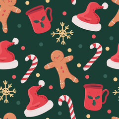 Christmas vector cartoon seamless pattern background with Santa hat, gingerbread man, candy cane and snowflakes for wallpaper, wrapping, packing, and backdrop.