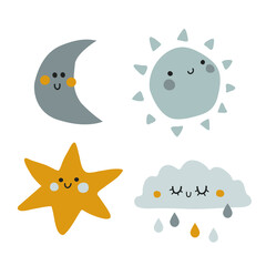 Vector illustration of weather set in scandinavian kids style for prints,icons