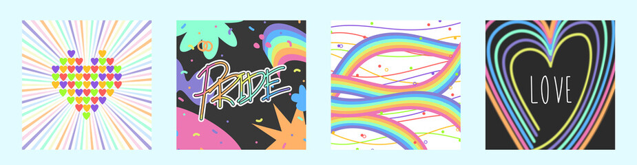 Social LGBTQ square template cards set with love and pride in colorful diversity theme