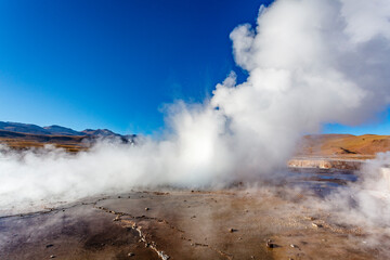 Landscape of El Tatio geothermal field with geyers in the Andes mountains, Atacama, Chile