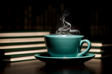 table with green cup of hot coffee, with books, black background, space for text.