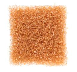Brown sugar isolated on white background. Heap of cane sugar crystals. Top view.