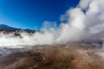 Landscape of El Tatio geothermal field with geyers in the Andes mountains, Atacama, Chile