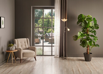 Fototapeta premium Grey wall background with window curtain and vase of plant, frame, lamp decoration with armchair style.