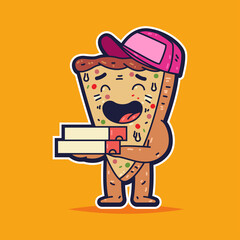 Cute pizza slice with boxes vector cartoon character isolated on background.