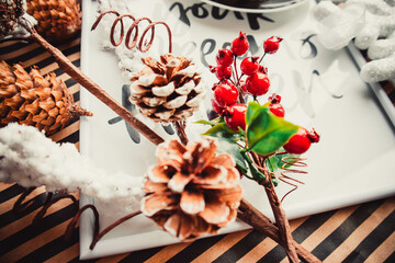 Pine cones on on striped background with berries and snowflakes