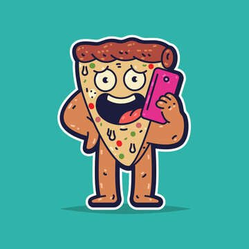 Cute pizza slice with phone vector cartoon character isolated on background.
