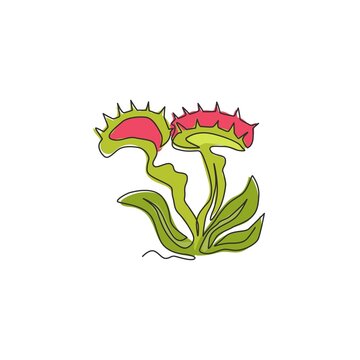 Single one line drawing of beauty fresh venus flytrap for home wall decor art poster print. Decorative of dionaea muscipula for video game enemy. Modern continuous line draw design vector illustration
