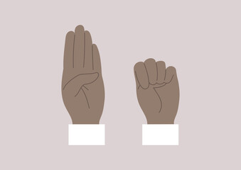 The distress gesture to signal the need for help, hand up, palm up, with the thumb tucked, then folding the fingers down