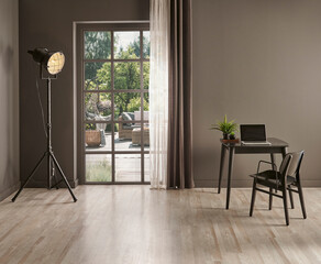 Fototapeta premium Grey wall background with window curtain and vase of plant, frame, lamp decoration with armchair style.