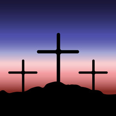 Three crosses on Golgotha hill against a sunset background in vector styleCalvary three crosses. Crucifixion against the background of sunset. Stock image. EPS 10.