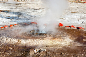 Landscape of El Tatio geothermal field with geyers in the Andes mountains, Atacama, Chile