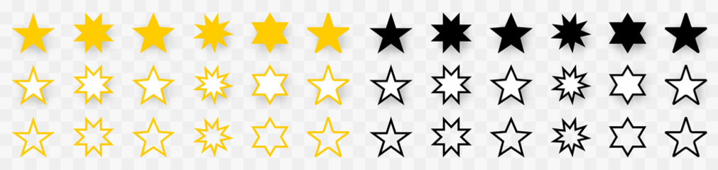 Fototapeta premium Stars icons. Star vector icons. Stars collection. Star vector icon black and yellow color, isolated. Golden and Black set of Stars, isolated on transparent background. Star icon. Vector illustration