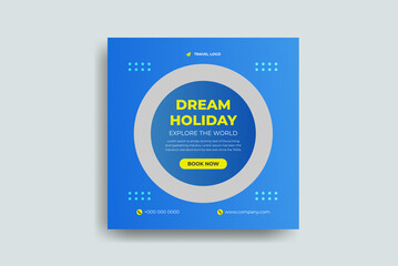 Travel promotion social media post or travelling business instagram square web banner template.