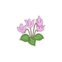 One continuous line drawing of beauty fresh cyclamen sowbread for home decor wall art poster print. Decorative swinebread flower concept for greeting card. Single line draw design vector illustration