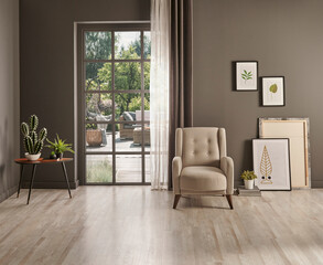 Grey wall background, window garden view, frame, chair and interior style.